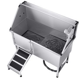 Stainless Steel Dog Washing Station, 62 inch Pet Grooming Tub w/ Ramp, PE Water Filter Board, Faucet & Showerhead & Soap Holder Dog Bathtub for Large