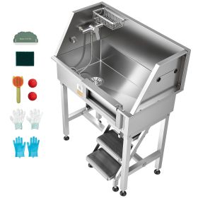 34" Dog Washing Station, Stainless Steel Pet Grooming Tub Bathtub, Professional Dog Wash Sink with Shower, Faucet, Soap Holder, Non-Slip Stairs Easy-