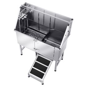 Stainless Steel Dog Washing Station, 50 inch Pet Grooming Tub w/ Ramp, PE Water Filter Board, Faucet & Showerhead & Soap Holder Dog Bathtub for Large