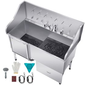 304 Stainless Steel Dog Washing Station, 61 Inch Pet Grooming Tub with Non-Slip Low-Slope Ramp, Storage Drawer, Hot & Cold Faucet, All-in-One Bath fo
