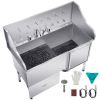 Stainless Steel Dog Washing Station, 61 inch Pet Grooming Tub w/ Ramp, Water Filter Board, Faucet & Showerhead & Leash Dog Bathtub for Large & Medium