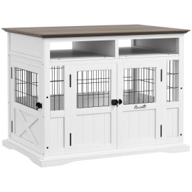 Dog Kennel Furniture Side End Table with Storage Double Doors Small Medium Dogs White