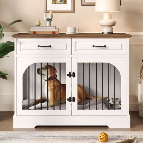 43.3" Farmhouse Dog Crate Furniture, Wooden Dog Kennel with 2 Storage Drawers and Rotating Food Bowls, Secure Metal Bar Crate for Lage & Medium Dogs