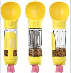 Portable 4-in-1 Pet Water Bottle With Food Storage, Poop Bag Dispenser, and Spoon. 300ml Capacity. Available In Yellow, Pink, Green, and Other Colors (Color: Yellow)